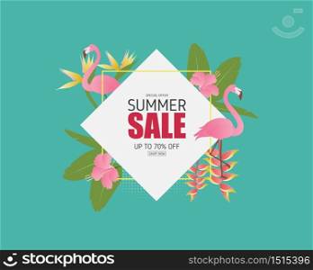 Summer sale banner with flamingo bird, tropical leaves and flower in paper cut style. Digital craft paper art. Summer season poster and background.