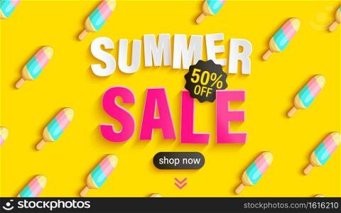 Summer Sale banner with ice cream pattern on yellow background, hot season big discounts poster.Invitation for shopping, special offer card, template design for promotions, flyers.Vector illustration.. Summer Sale banner with ice cream pattern.