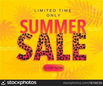 Summer Sale banner with leopard print and tropical leaves for hot season discounts. Special offer poster. Safari themed invitation for limited time shopping with clearance, template for design.Vector. Summer Sale banner with leopard print.