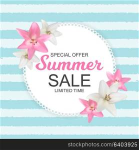 Summer Sale Banner with Lily Flowers. Cute Natural Background Vector Illustration EPS10. Summer Sale Banner with Lily Flowers. Cute Natural Background Vector Illustration