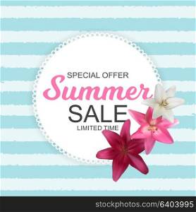 Summer Sale Banner with Lily Flowers. Cute Natural Background Vector Illustration EPS10. Summer Sale Banner with Lily Flowers. Cute Natural Background Vector Illustration