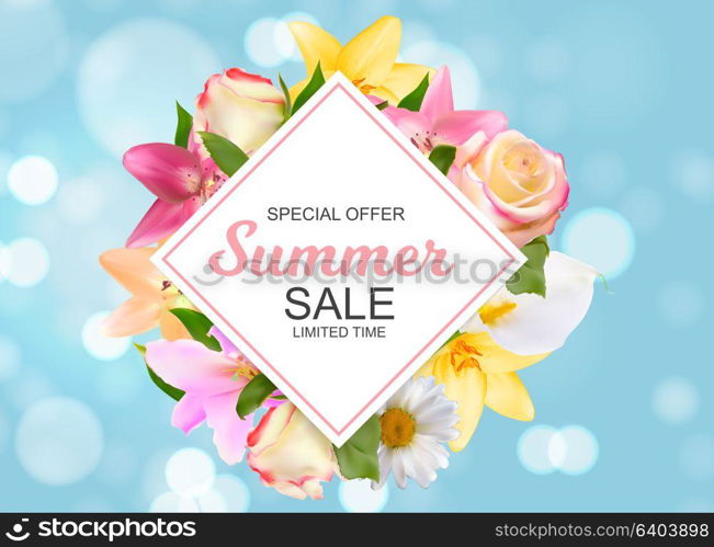 Summer Sale Banner with Lily, Rose, Chamomile and Calla Flowers. Cute Natural Background Vector Illustration EPS10. Summer Sale Banner with Lily, Rose, Chamomile and Calla Flowers.