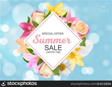 Summer Sale Banner with Lily, Rose, Chamomile and Calla Flowers. Cute Natural Background Vector Illustration EPS10. Summer Sale Banner with Lily, Rose, Chamomile and Calla Flowers.