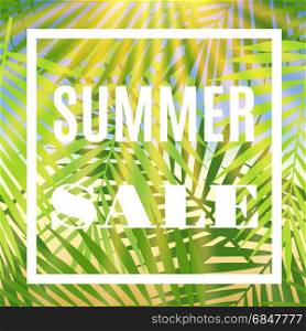 Summer sale banner with palms and sun. Vectoor illustration