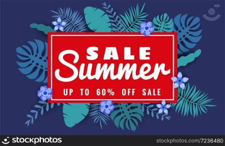 Summer sale banner with paper cut flamingo and tropical leaves background. Summer sale banner with paper cut flamingo and tropical leaves background, exotic floral design for banner, flyer, invitation, poster, web site or greeting card. Paper cut style, vector illustration