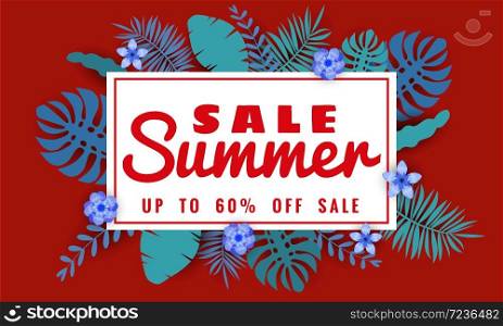 Summer sale banner with paper cut flamingo and tropical leaves background. Summer sale banner with paper cut flamingo and tropical leaves background, exotic floral design for banner, flyer, invitation, poster, web site or greeting card. Paper cut style, vector illustration