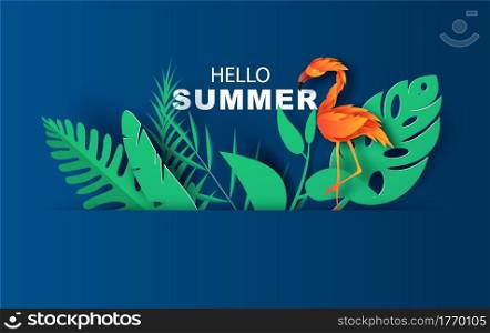 Summer sale banner with paper cut flamingo and tropical leaves on blue background. exotic floral design for banner and cover web, flyer, invitation, poster or greeting card. Paper cut style. vector