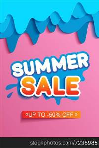Summer sale banner with paper cut with blue paper cut shapes, design for banner, flyer, invitation, poster, web site or greeting card. Paper cut style, vector illustration. Summer sale banner with paper cut