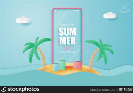 Summer sale banner with smartphone on island in paper cut style. Vector illustration holiday sale.