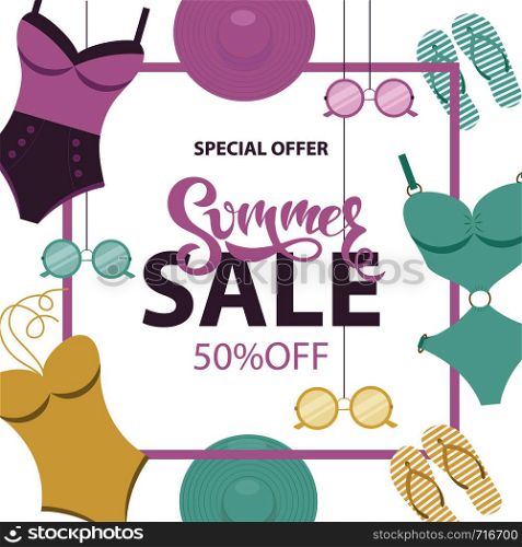 Summer Sale banner with swimsuits, sunglasses, hats, flip flops. Flat style.