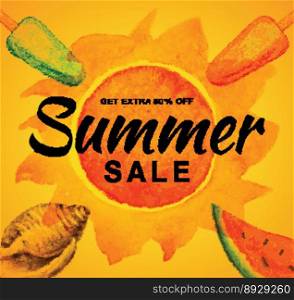 Summer sale banner with watercolor sun ice cream vector image