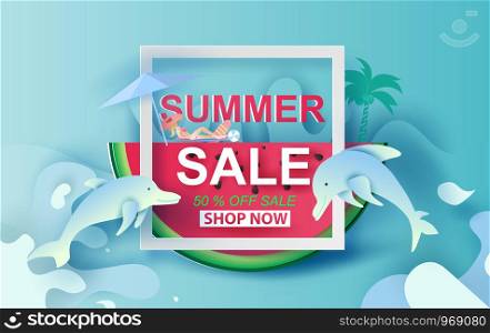 Summer Sale Banner With Watermelon.Special Offer Creative design paper cut and craft for card and poster colorful. Holiday woman sunbathing and dolphin Happy enjoy concept.Vector Illustration EPS10