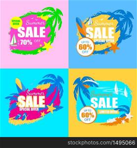 Summer Sale Banners Set with Palm Trees, Yacht, Starfish, Surf Board, Slippers, Starfish, Tag, Icon Grungy Style Isolated, Summertime Promo Advertising Poster, Ad, Cartoon Flat Vector Illustration. Summer Sale Banners Set with Palm Trees, Tag, Icon