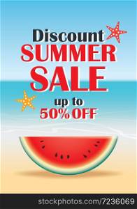 Summer sale beach and watermelon background banner template. Voucher discount promotion.
