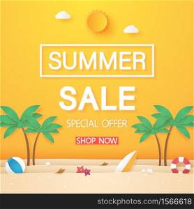 Summer sale , beach with coconut tree and stuff , paper art style