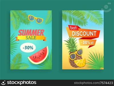 Summer sale, best discount vector banner, curved ribbon and tape leaflet sample. Whole pineapple, sun glasses, pieces of watermelon, palm leaves print. Summer Sale Vector Banner Promotion Leaflet Sample