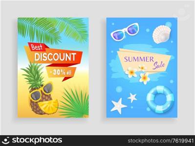 Summer sale, best discount vector shaped ribbon, leaflet sample. Sun glasses, inflatable ring and flower, star and shell, pineapple and palm leaves. Summer Sale Vector Banner Promotion Leaflet Sample