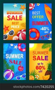 Summer sale best price set of posters vector. Seasonal proposition and sell out. Sunglasses accessory and lifebuoy saving ring, ball and pineapple. Summer Sale Best Price Set Vector Illustration