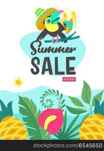 Summer sale. Bright colorful advertising poster. Cheerful Toucan. Summer sale. Bright colorful advertising poster. A cheerful Toucan in a bright Mexican hat holds a banana. Illustration in cartoon style.