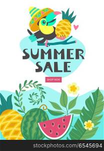 Summer sale. Bright colorful advertising poster. Cheerful Toucan. Summer sale. Bright colorful advertising poster. A cheerful Toucan in a bright Mexican hat holds a pineapple. Illustration in cartoon style.