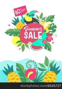 Summer sale. Bright colorful advertising poster. Cheerful Toucan. Summer sale. Bright colorful advertising poster. Cheerful Toucan, tropical leaves and fruit. 80 percent discount on everything. Illustration in cartoon style.