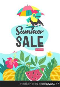 Summer sale. Bright colorful advertising poster. Cheerful Toucan. Summer sale. Bright colorful advertising poster. Cheerful Toucan with colorful umbrella, tropical leaves and fruit. 50 percent discount on everything. Illustration in cartoon style.