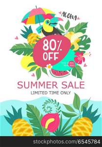Summer sale. Bright colorful advertising poster. Cheerful Toucan. Summer sale. Bright colorful advertising poster. Cheerful Toucan with colorful umbrella, tropical leaves and fruit. 80 percent discount on everything. Illustration in cartoon style.
