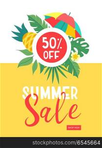 Summer sale. Bright colorful advertising poster. Colorful umbrel. Summer sale. Bright colorful advertising poster. Colorful umbrella, tropical leaves and pineapples. Discount 50 percentage on everything. Illustration in cartoon style.