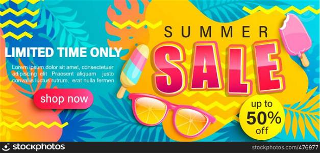 Summer Sale bright poster, hot season discount banner with tropical leaves,ice cream, sunglasses.Invitation for online shopping with 50 percent price off, special offer card,template for design.Vector. Summer Sale bright poster.