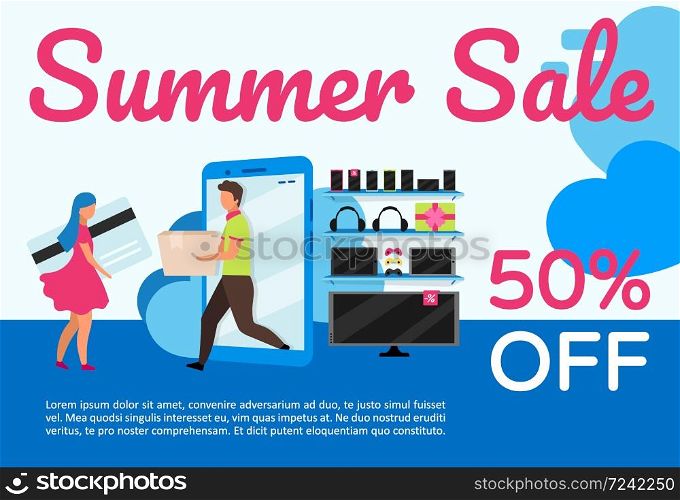 Summer sale brochure template. Flyer, booklet, leaflet concept with flat illustrations. Vector page layout for magazine. Online shopping, ecommerce website advertising leaflet with text space