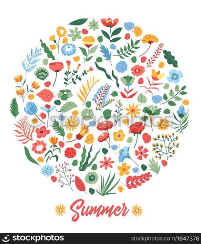 Summer Sale circle Floral design template banner. Discount bright design with flowers and leaves. Vector invitation poster. Summer Sale off vector banner flower print
