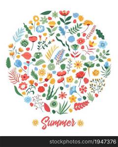 Summer Sale circle Floral design template banner. Discount bright design with flowers and leaves. Vector invitation poster. Summer Sale off vector banner flower print