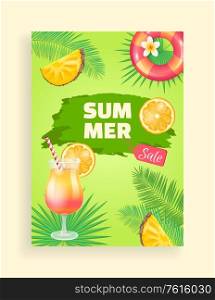 Summer sale color spot with label, vector leaflet. Cocktail with straw, inflatable ring, orange and pineapple pieces, flower and palm leaves print. Summer Sale Vector Banner Promotion Leaflet Sample