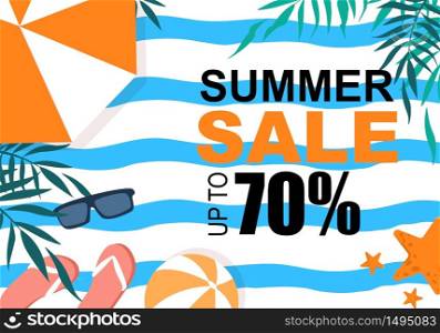 Summer Sale Colorful Banner with Palm Tree Leaves, Sun Umbrella, Flip Flops, Beach Ball, Sunglasses on Striped Wavy Background. Advertising Poster for Summertime Vacation. Cartoon Vector Illustration. Summer Sale Colorful Banner with Palm Tree Leaves,