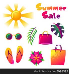 Summer sale colorful elements. Sun, palm leaves and shopping bags. Summer sale colorful elements. Sun, palm leaves and shopping bags.