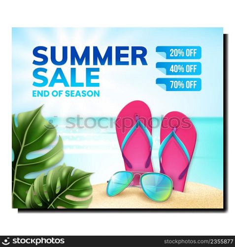 Summer Sale Creative Promotional Poster Vector. Slippers, Sunglasses, And Tropical Tree Leaves On Sandy Beach, Season Summer Sale Accessories On Advertising Banner. Style Concept Template Illustration. Summer Sale Creative Promotional Poster Vector