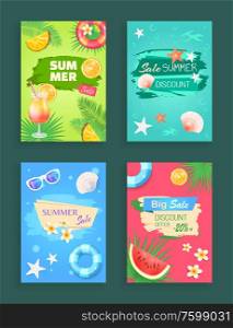 Summer sale, discount offer, shaped ribbon and spot, vector banner. Fruit slices and cocktail, sun glasses, inflatable ring, palm leaves, beach theme. Summer Sale Vector Banner Promotion Leaflet Sample