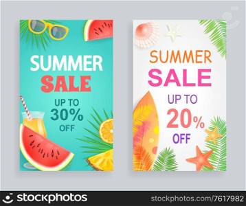 Summer sale discount offer vector posters with palm leaves and fruits. Watermelon and surfing board, cocktail and starfish. Sunglasses and orange, summertime banners. Summer Sale Discount Offer Vector Illustration