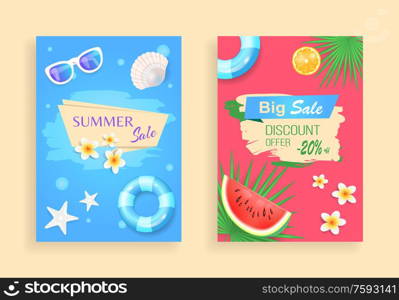 Summer sale discount set of banners with summer time items. Leaves of tropical plant, flowers and sunglasses. Seashells and stars, watermelon vector. Summer Big Sale Discount Set Vector Illustration