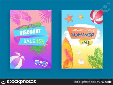 Summer sale discount, vector banner, curved ribbons. Beach ball and surfboard, sun glasses, starfish and seashell, palm leaves print, seashore theme. Summer Sale Vector Banner Promotion Leaflet Sample