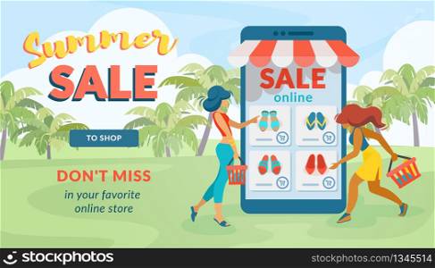 Summer Sale. Dont Miss Your Favorite Online Store. Flat Banner Women Use App to Buy Goods on Sales. Colorful Poster on Screen Phone Shelf Online Store with Prices. Vector Illustration.