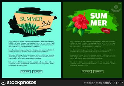 Summer sale emblems exotic flower and branch, advertisement labels with tropical blossom, discount concept banner vector online web pages posters on green. Summer Sale Emblems Exotic Flower Branch, Advert
