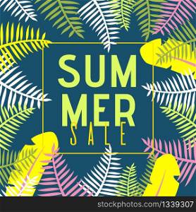 Summer Sale Flat Banner with Cartoon Exotic Jungle Plants. Tropical Exotic Palm Leaves on Dark Green Backdrop. Discount Design. Seasonal Offer. Vector Advertisement Template. Nature Illustration. Summer Sale Banner with Flat Exotic Jungle Plants