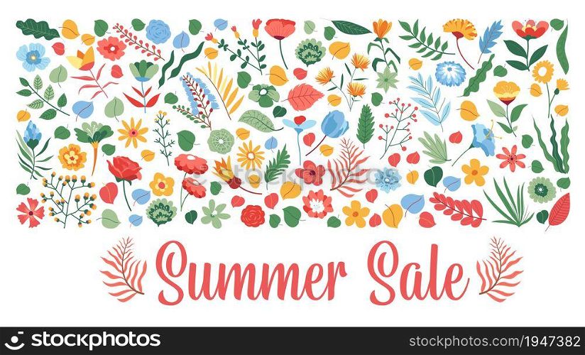 Summer Sale Floral design template banner. Discount bright design with flowers and leaves. Vector invitation poster. Summer Sale off vector banner flower print