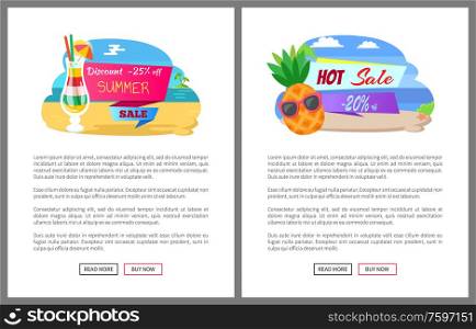Summer sale for customers vector, website with text. Cocktail poured in glass, pineapple wearing sunglasses, coast beach and island in distance set. Summer Sale and Discounts, Offers and Coupons