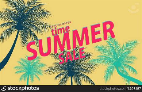 Summer sale frame poster, palm greeting background. banner vector illustration and design for poster card,