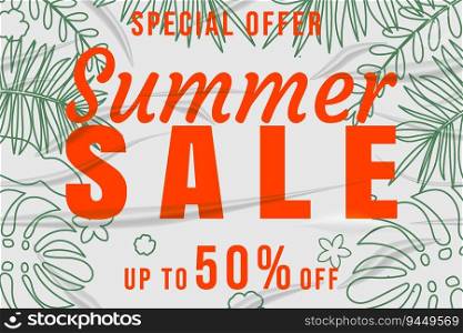Summer Sale glued paper with wrinkles effect realistic banner tropical colorful plants, flowers and leaves lineart background sticker. Template modern summer sale banner. Vector illustration. Summer Sale glued paper with wrinkles effect realistic banner tropical colorful plants