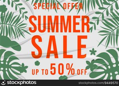 Summer Sale glued paper with wrinkles effect realistic banner tropical colorful plants, flowers and leaves background sticker. Template modern summer sale banner. Vector illustration. Summer Sale glued paper with wrinkles effect realistic banner tropical colorful plants