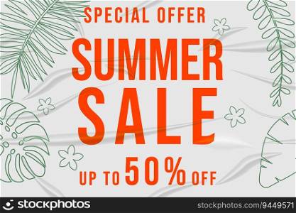 Summer Sale glued paper with wrinkles effect realistic banner tropical colorful plants, flowers and leaves lineart background sticker. Template modern summer sale banner. Vector illustration. Summer Sale glued paper with wrinkles effect realistic banner tropical colorful plants