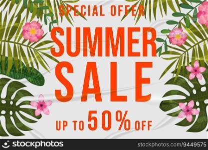 Summer Sale glued paper with wrinkles effect realistic banner tropical colorful plants, flowers and leaves background sticker. Template modern summer sale banner. Vector illustration. Summer Sale glued paper with wrinkles effect realistic banner tropical colorful plants